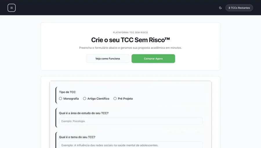 Tela da plataforma TCC Sem Risco